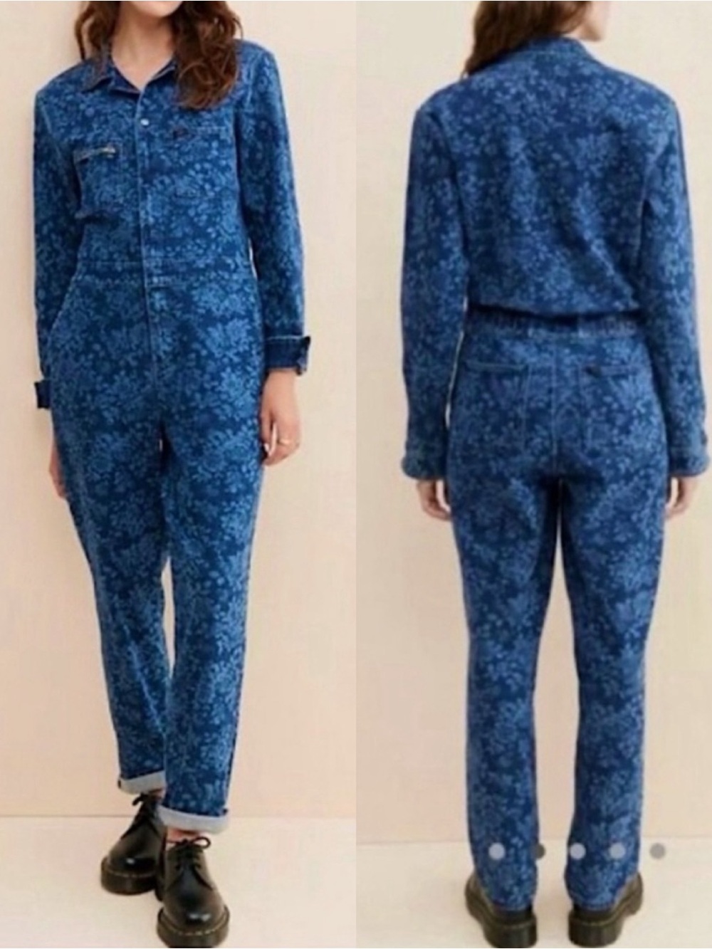 Lee X Free People Union-Alls Floral Printed Coverall Boiler Suit Blue Denim